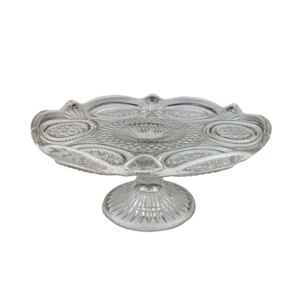 Vtg Clear Glass Faceted Pedestal Cake Stand Oval Diamond Shape Bon Bon Appetizer